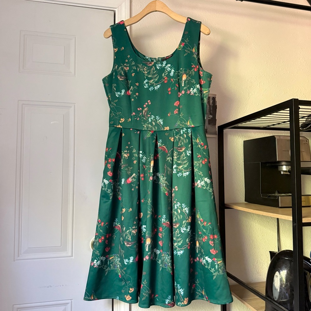 NWT DOLLY AND DOTTY emerald green floral mod pinup retro scoop midi dress